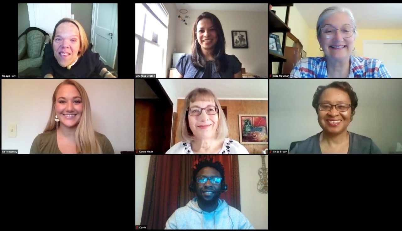 a screenshot of a virtual meeting among Pathfinder staff – includes 6 women of different races, and a Black man, that makes up the team of Pathfinder staff. 