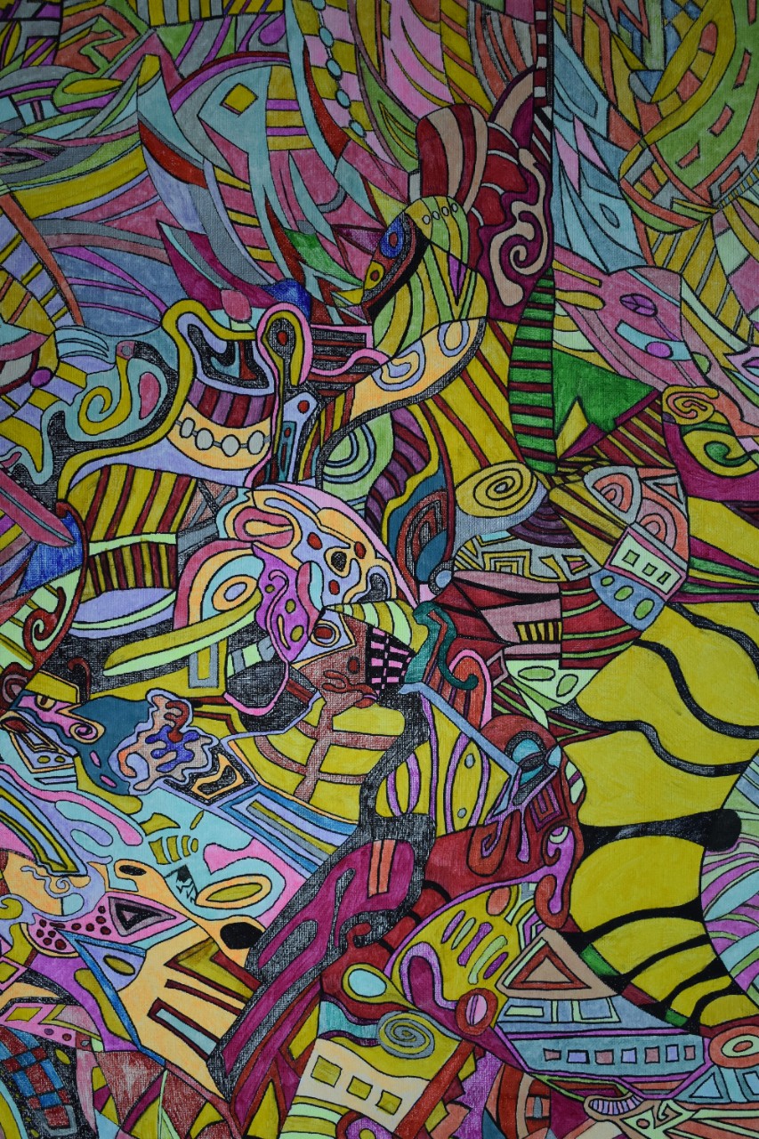 An abstract piece that appears to be drawn in colored pencil or perhaps pastels. It’s a large combination of all sorts of different geometric patterns and shapes and lines of varying sizes and colors. The lines and shapes are crisp, and the colors are bright – it feels like a maze of interesting patterns and shapes.