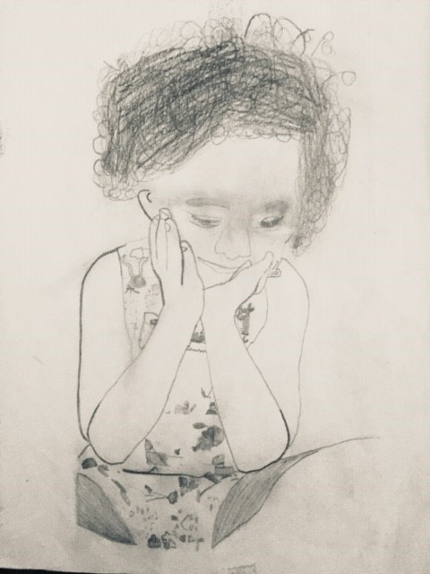 A pencil sketch shows a close-up of smiling little girl with a mess of curly hair and a flowered dress. She cups her face in her hands and leans her elbows on her knees, seated and looking down.