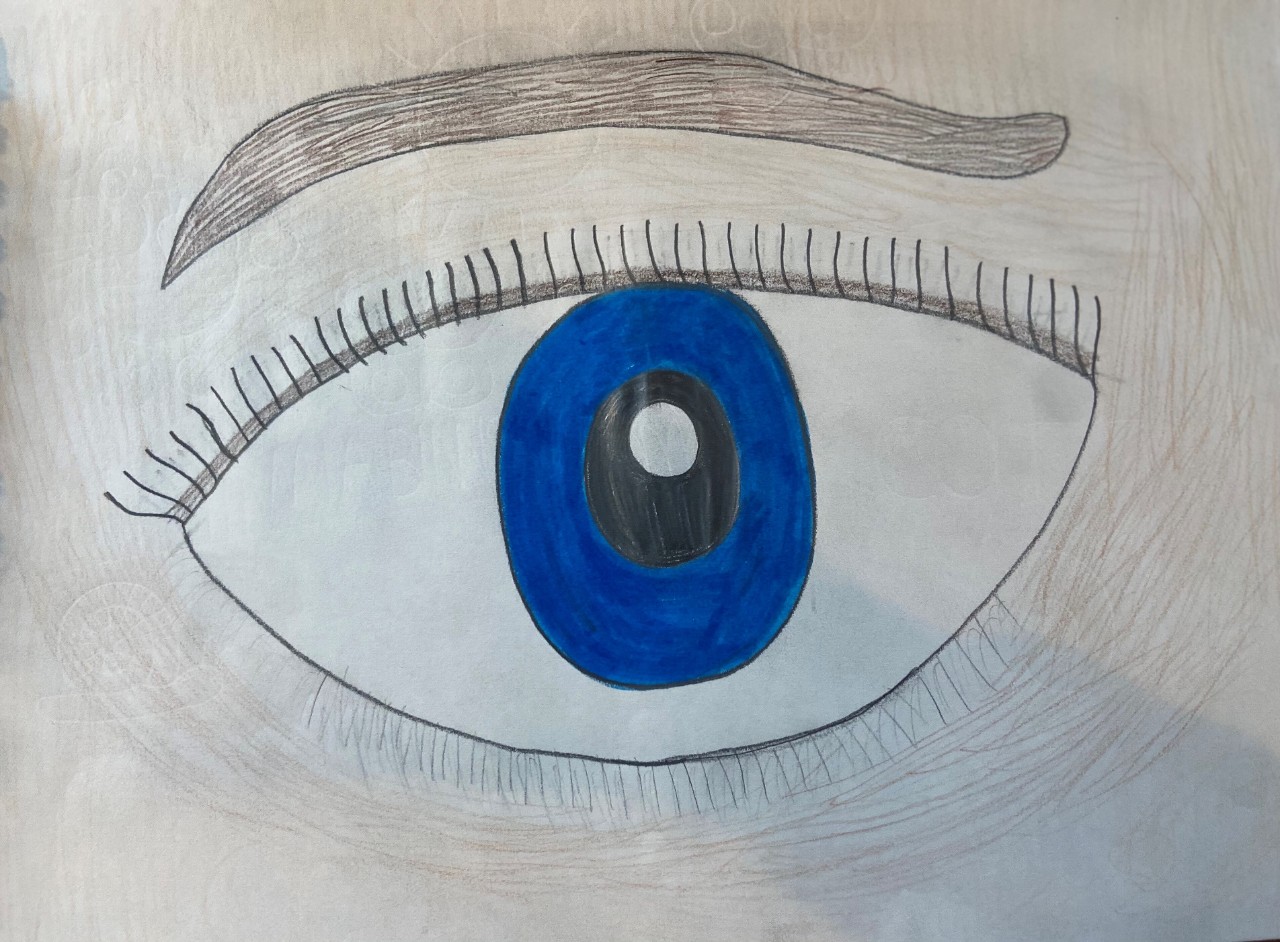 A detailed pencil drawing of a single eye, with eyelashes and an eyebrow. The iris of the eye is bright blue.