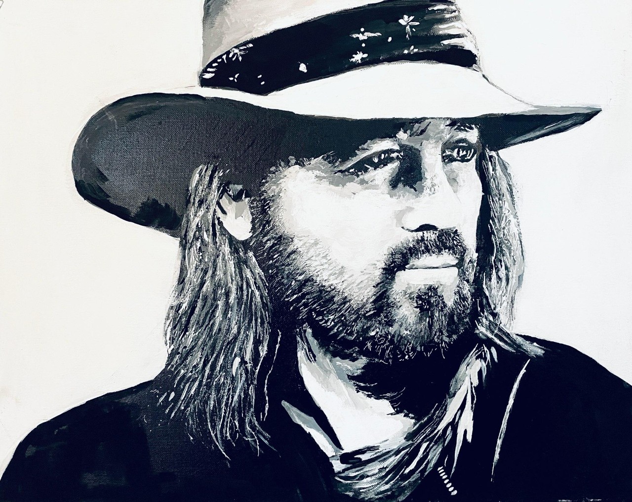 a black and white very detailed painting of country singer Billy Ray Cyrus in profile, with a cowboy hat, longer hair, and beard