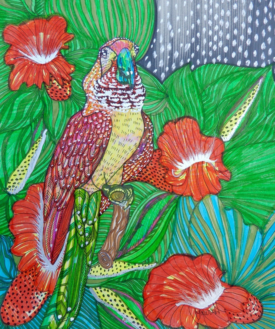 It shows a red, yellow green and white parrot perched regally on a tropical plant that has lush red flowers and green leaves. There are other grays, blue and greens in the background.