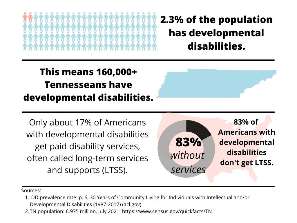 See the section below for the description of information shown in the chart and sources. Chart shows the prevalence rate for developmental disability (2.3%) and the number of Tennesseans that would equal (more than 160,000) and that only 17% of Americans with developmental disabilities nationally get home- and community based services