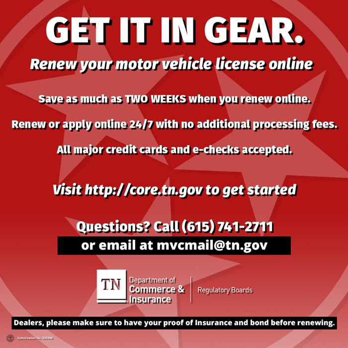 Get It In Gear. Dealers, please make sure to have your proof of Insurance and bond before renewing.