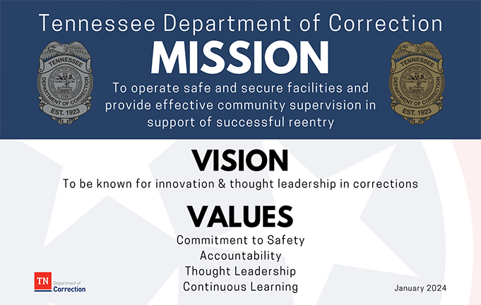 TDOC Mission, Vision & Values - Mission:  To operate safe and secure prisons and provide effective community supervision in support of successful reentry.  Vision: To be known for innovation & thought leadership in corrections.  Values:  Commitment to Safety; Accountability; Thought Leadership; Continuous Learning