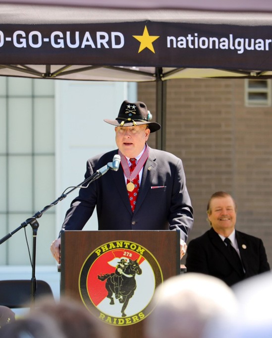 Retired Maj. Gen. Terry “Max” Haston, Tennessee’s 75th Adjutant General, speaks during the armory dedication in Morrison, April 13. The Tennessee National Guard armory was dedicated in honor of Haston's leadership and service while in command. (Photo by Sgt. Kalina Hyche) 