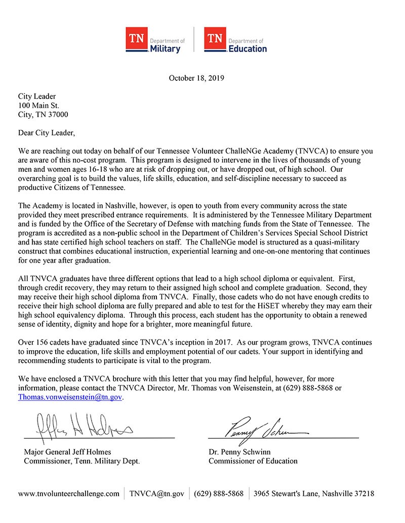 Letter from Education and Military Commissioners regarding the Tennessee Volunteer ChalleNGe Academy