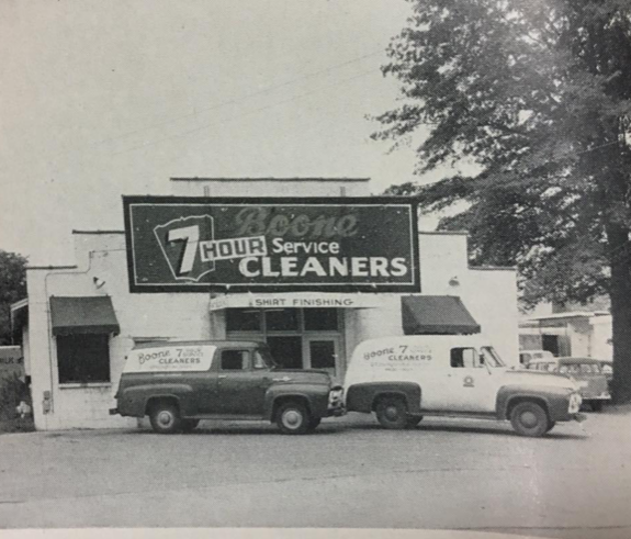 A black and white photo of Boone Dry Cleaners taken sometime between 1944-1977.